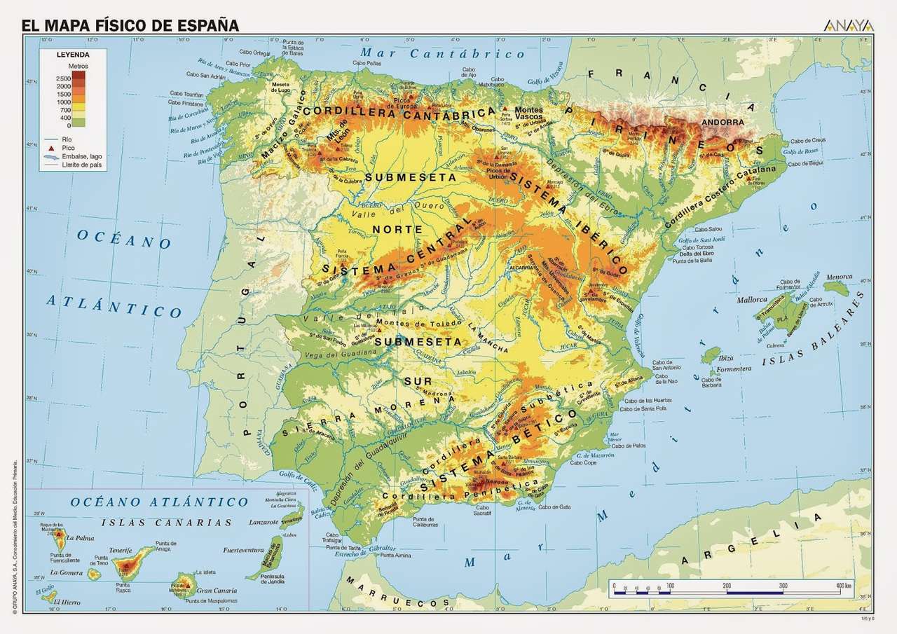 Carte des reliefs de l'Espagne. puzzle en ligne