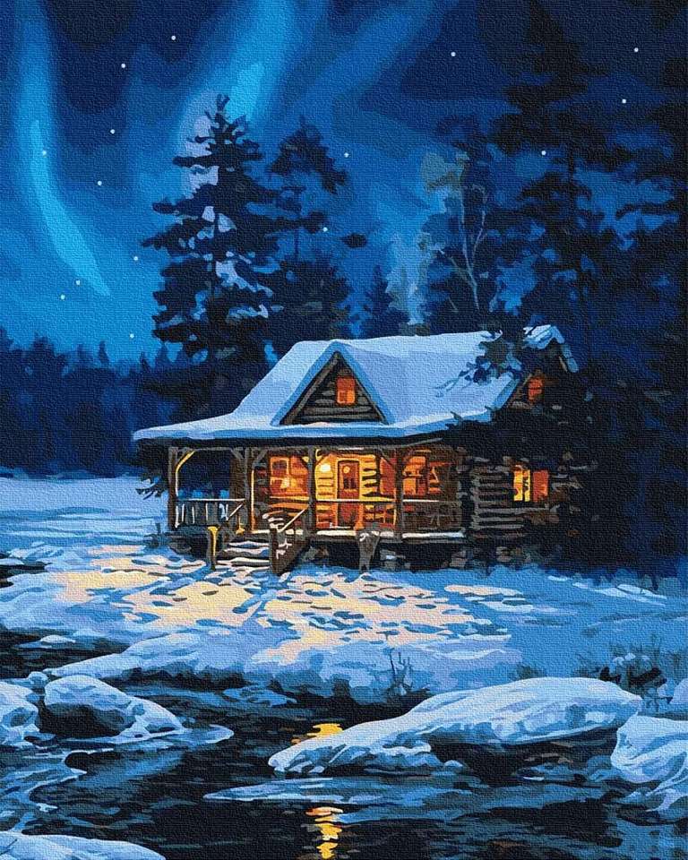 casa da floresta, inverno, aurora puzzle online