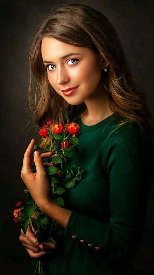 Girl with beautiful flowers online puzzle