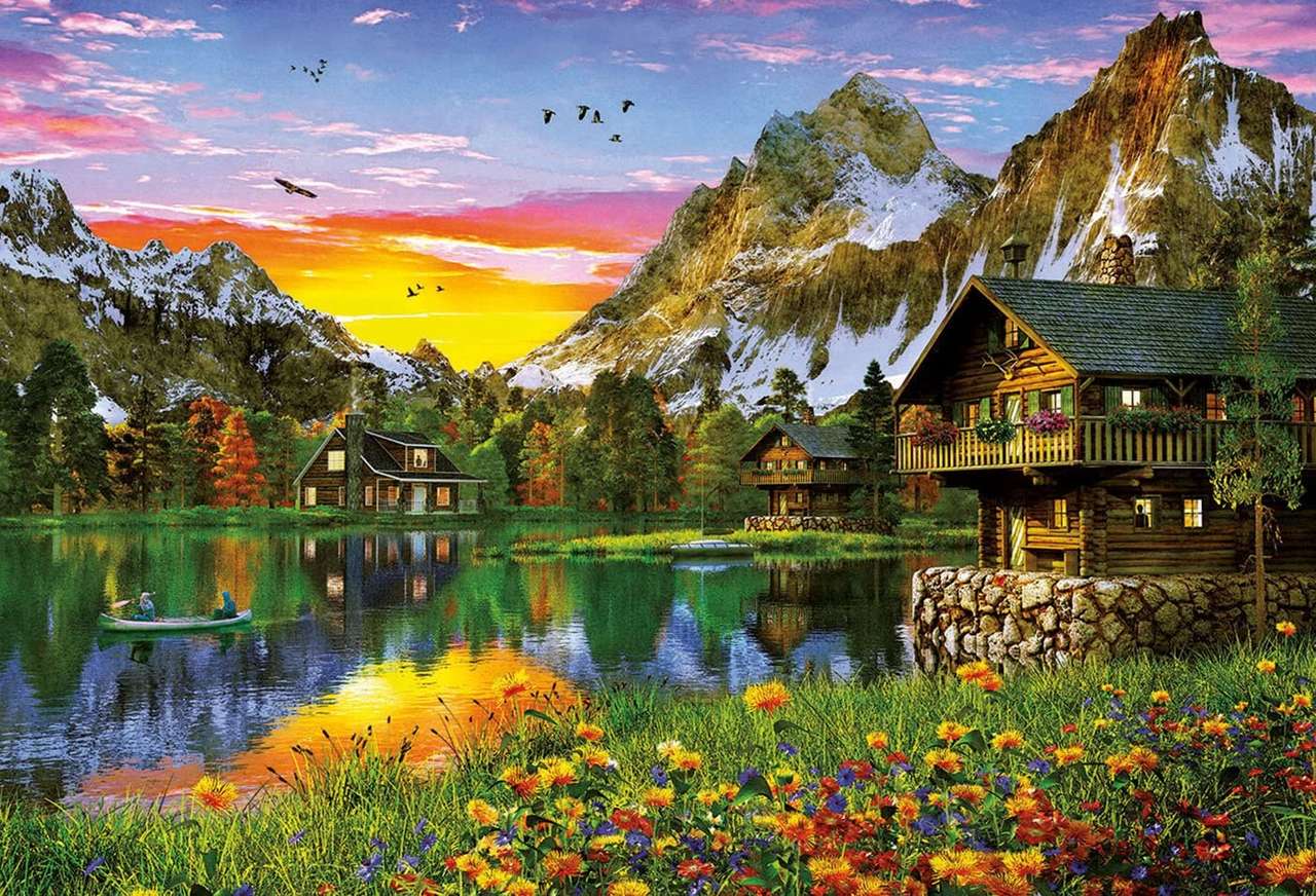 Cabane lângă lac în munți puzzle online