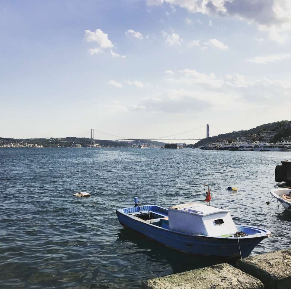 barca albă și albastră pe mare în timpul zilei jigsaw puzzle online