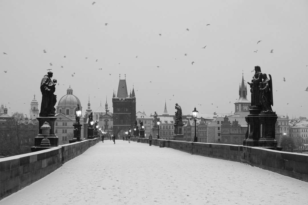 Photo en niveaux de gris de personnes marchant sur une route couverte de neige puzzle en ligne