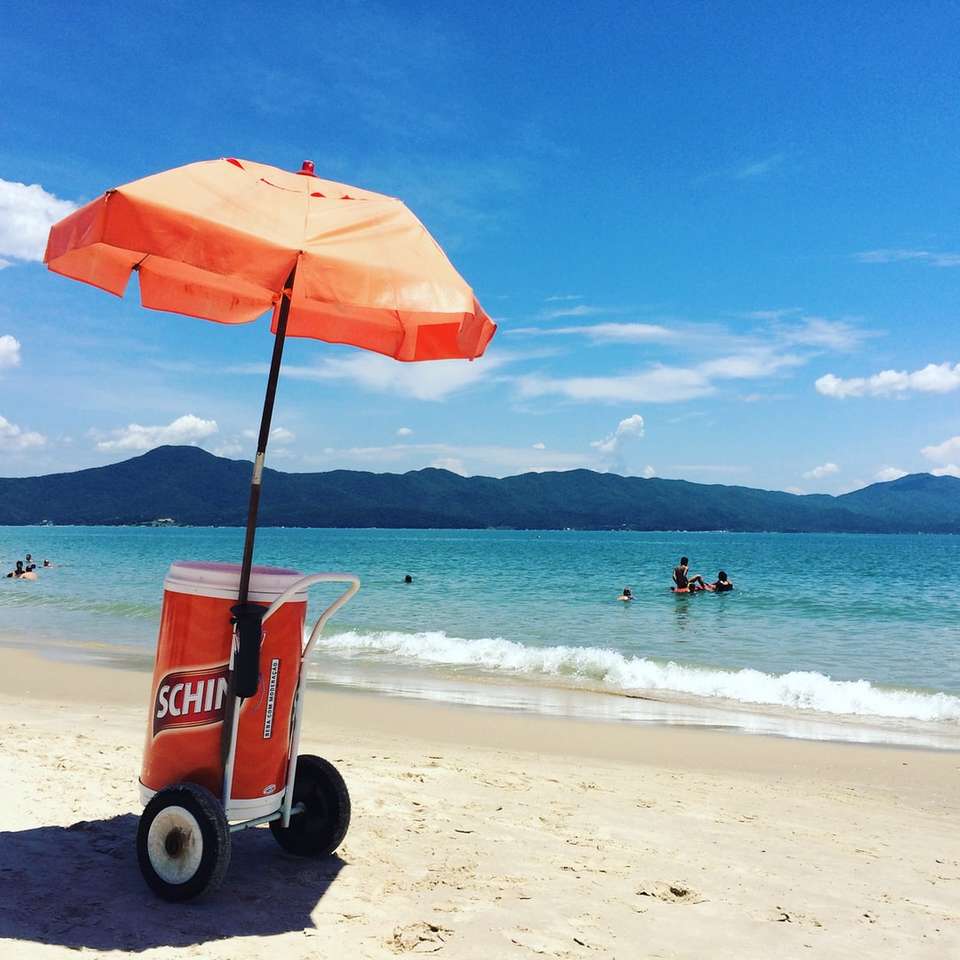 carrello da golf rosso e nero sulla spiaggia durante il giorno puzzle online