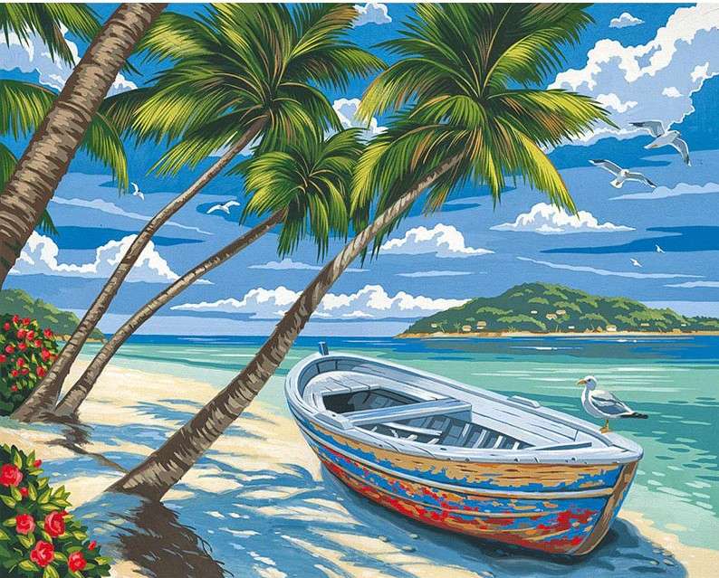 Пальмовий пляж і човен пазл онлайн