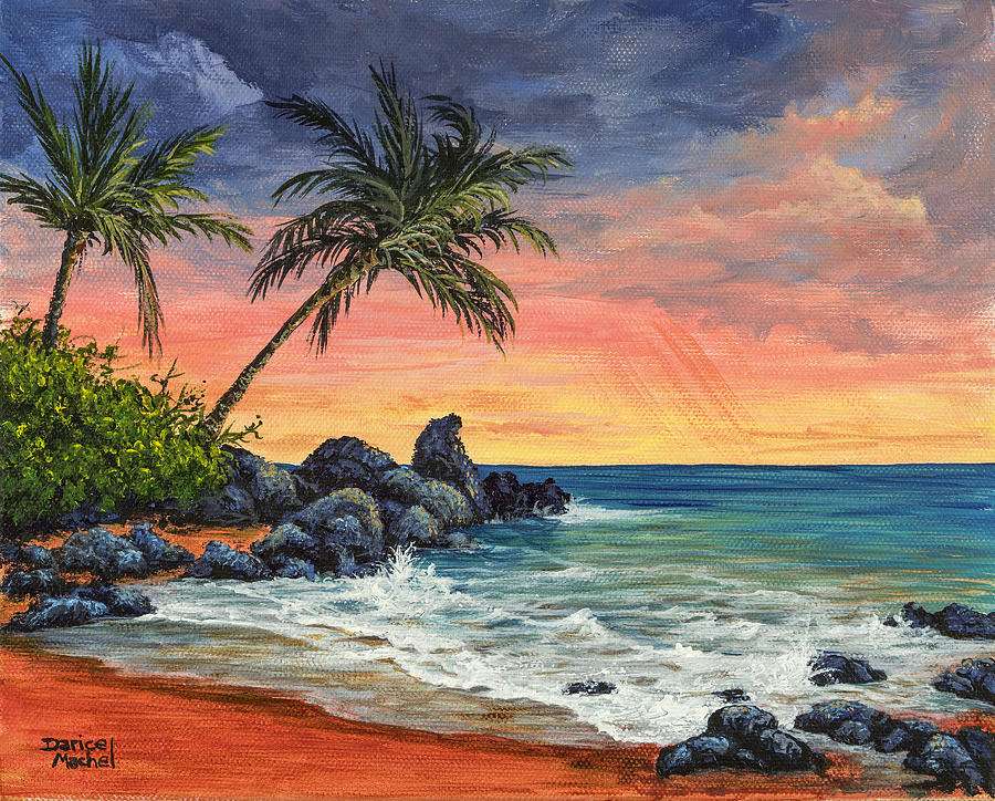 Playa de mar de colores con palmeras rompecabezas en línea
