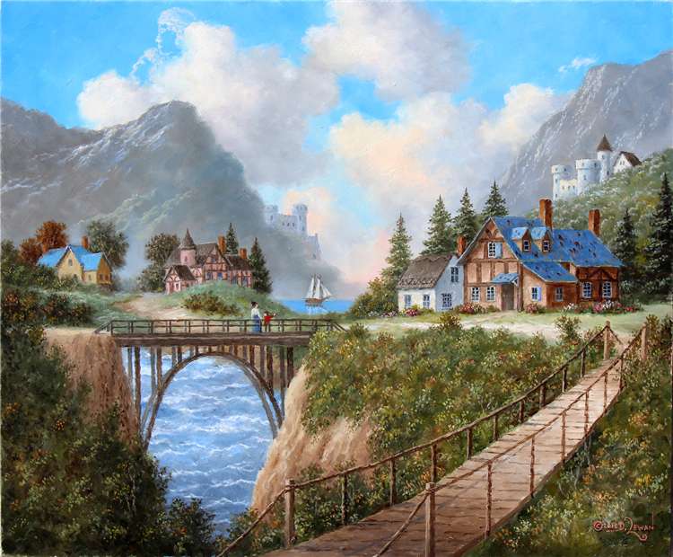 Pintar montañas puentes de lago rompecabezas en línea