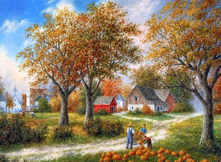 Peinture village temps de récolte en automne puzzle en ligne