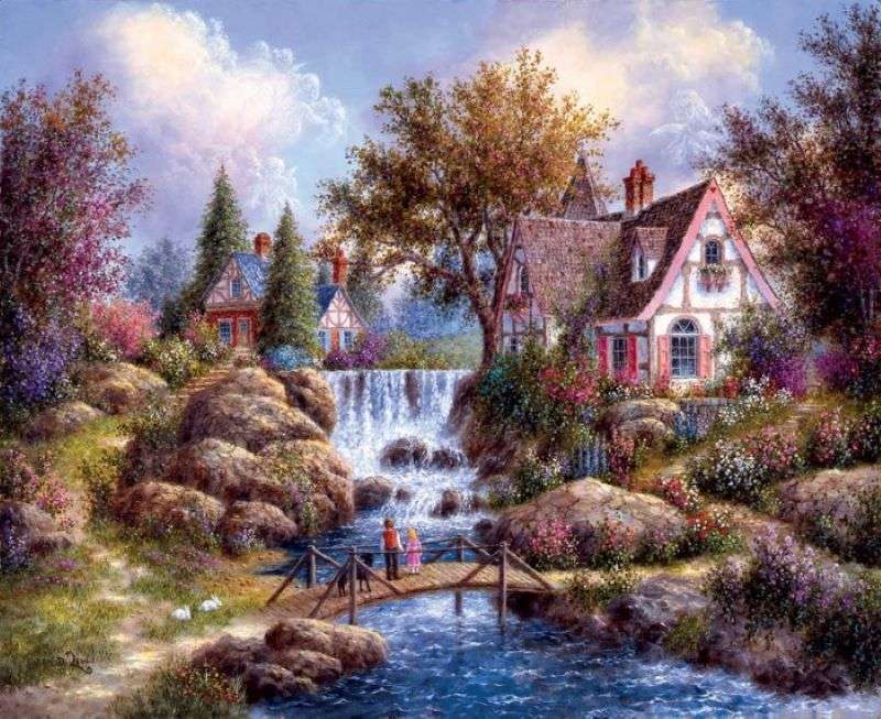 Gemälde Häuser Wasserfall Bach Brücke Online-Puzzle