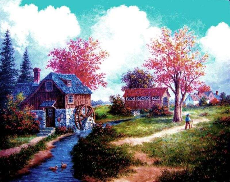 Moulin de peinture et fermes à la campagne au bord du ruisseau puzzle en ligne