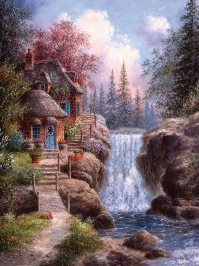 Gemälde Haus am Wasserfall Online-Puzzle