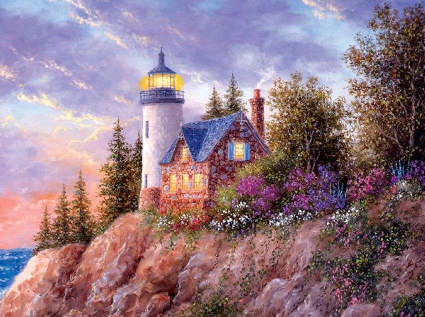 Gemälde Haus mit Leuchtturm am Meer Online-Puzzle