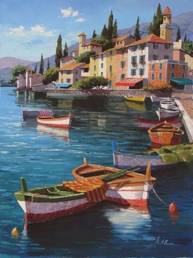 Città della pittura sul lago e sulle barche puzzle online
