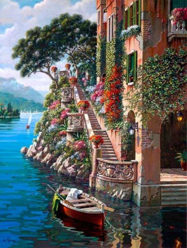 Casa de pictură de lângă lac și barcă puzzle online
