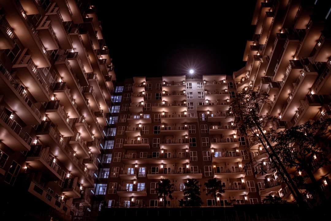 夜間の茶色と白の照明付きの建物 ジグソーパズルオンライン