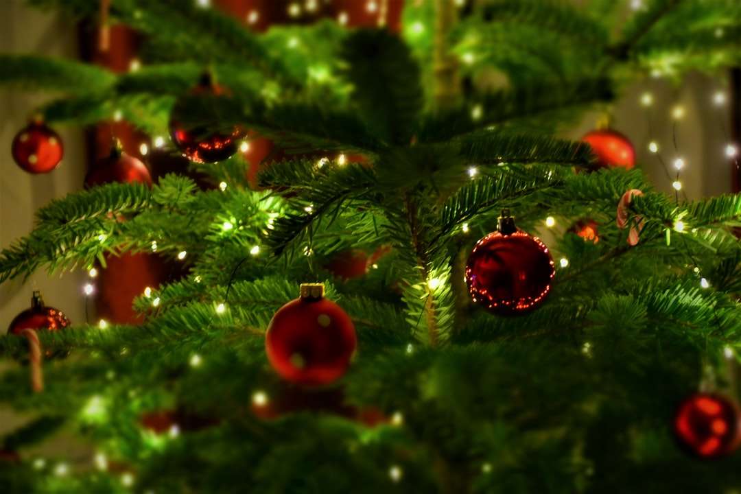 rode kerstballen op groene pijnboom online puzzel