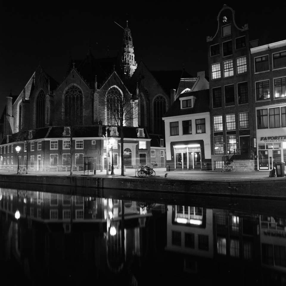 grijswaardenfoto van gebouw 's nachts online puzzel