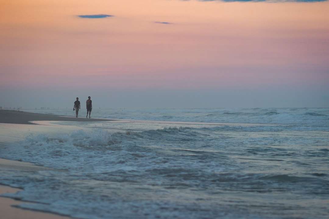 2 personas caminando en la playa durante la puesta de sol rompecabezas en línea