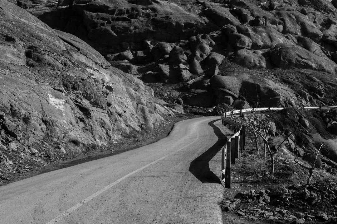 gråskalefoto av vägen mellan steniga berg Pussel online