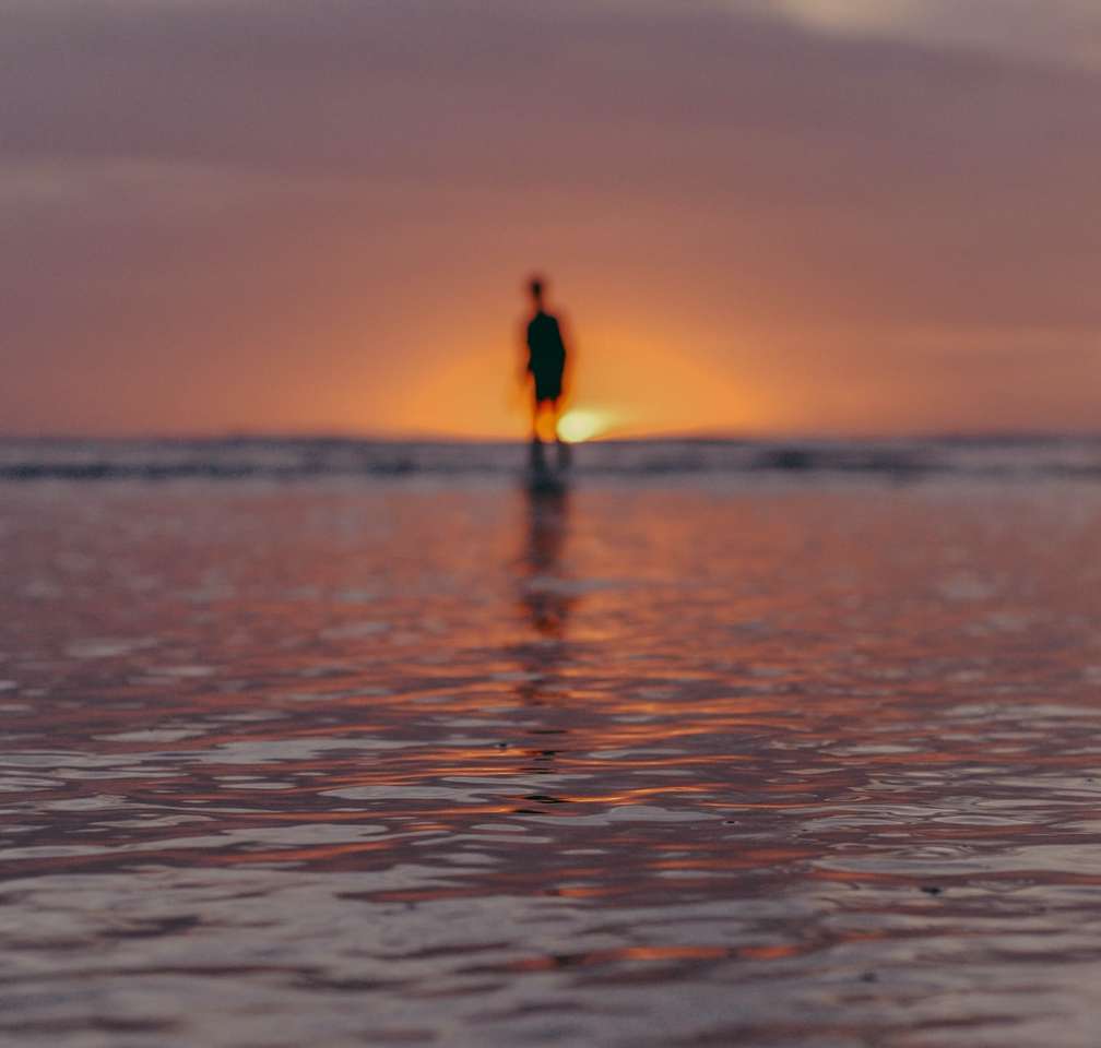човек, стоящ на морска вода по време на залез слънце онлайн пъзел