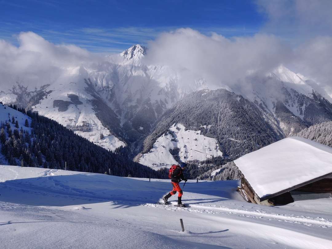 човек в червено яке и черен панталон, каращ ски ножове онлайн пъзел