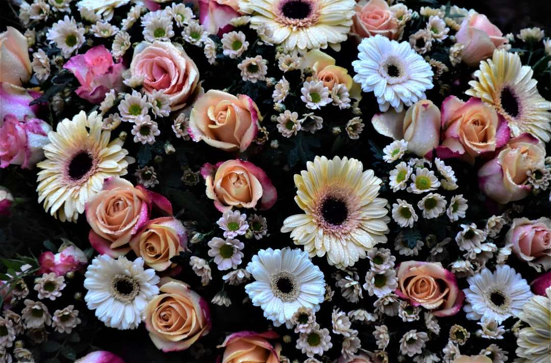 flores rosas y blancas sobre textil negro rompecabezas en línea