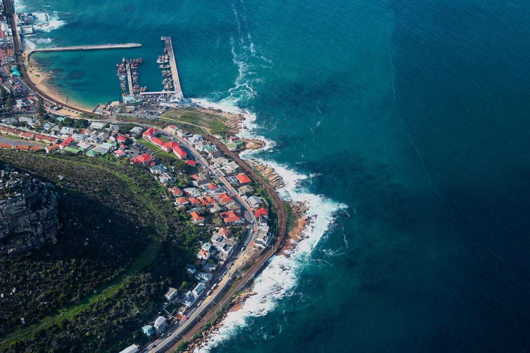 въздушен изглед на града в близост до водоема през деня онлайн пъзел