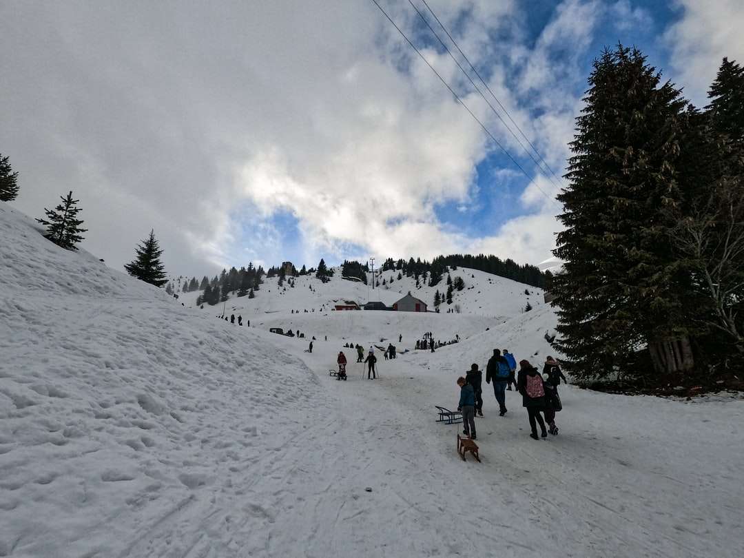 άνθρωποι που περπατούν στο χιονισμένο βουνό κατά τη διάρκεια της ημέρας online παζλ