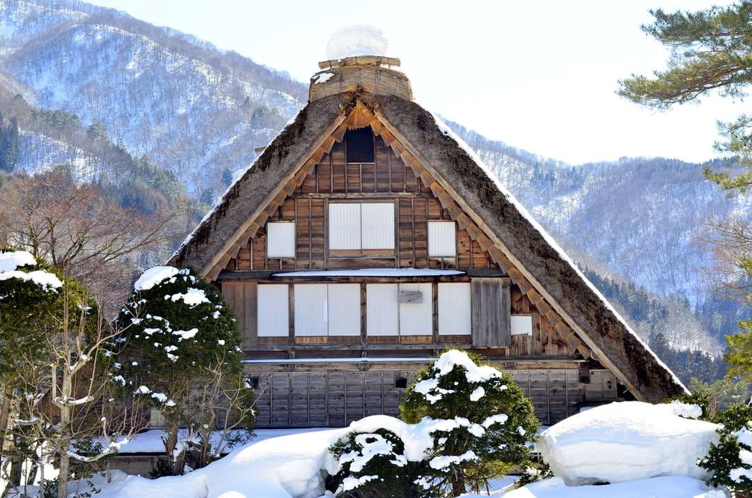 casa de madera marrón cubierta de nieve rompecabezas en línea
