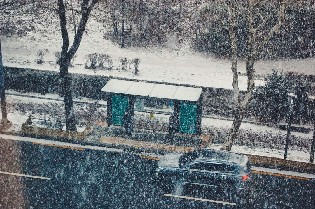 fekete autó a hóval borított úton napközben online puzzle