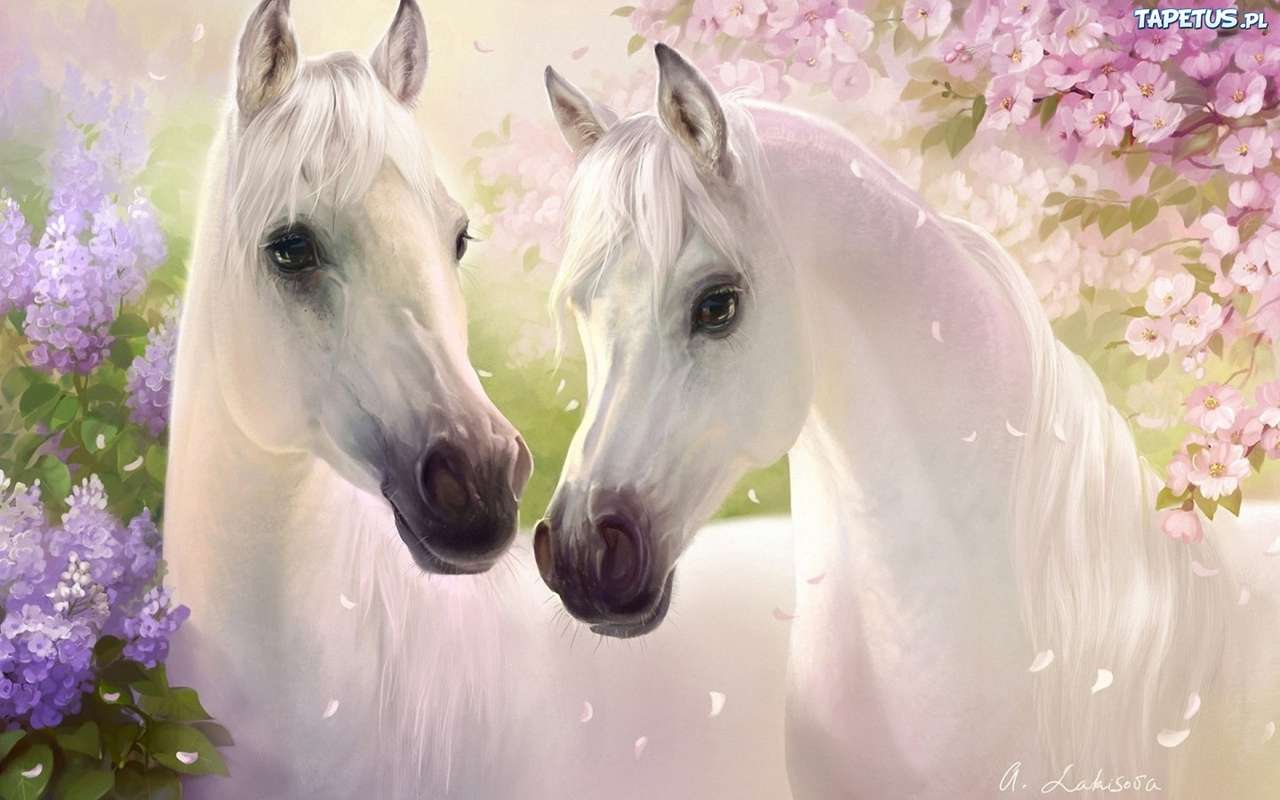 Две лошади в цветах. пазл онлайн