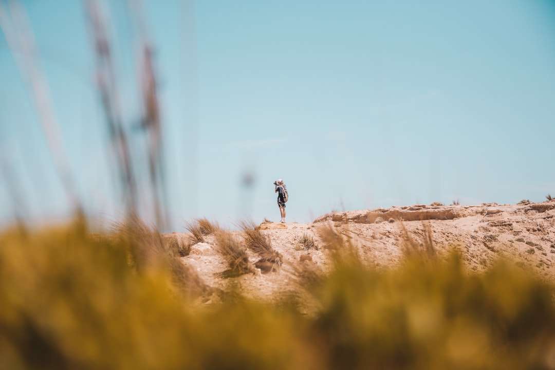 человек в черной куртке и брюках стоит на коричневой скале онлайн-пазл