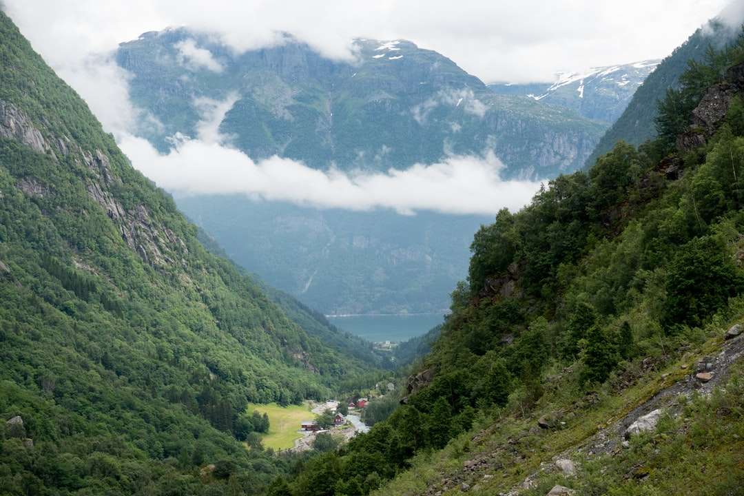 munți verzi și albi sub cerul alb în timpul zilei puzzle online