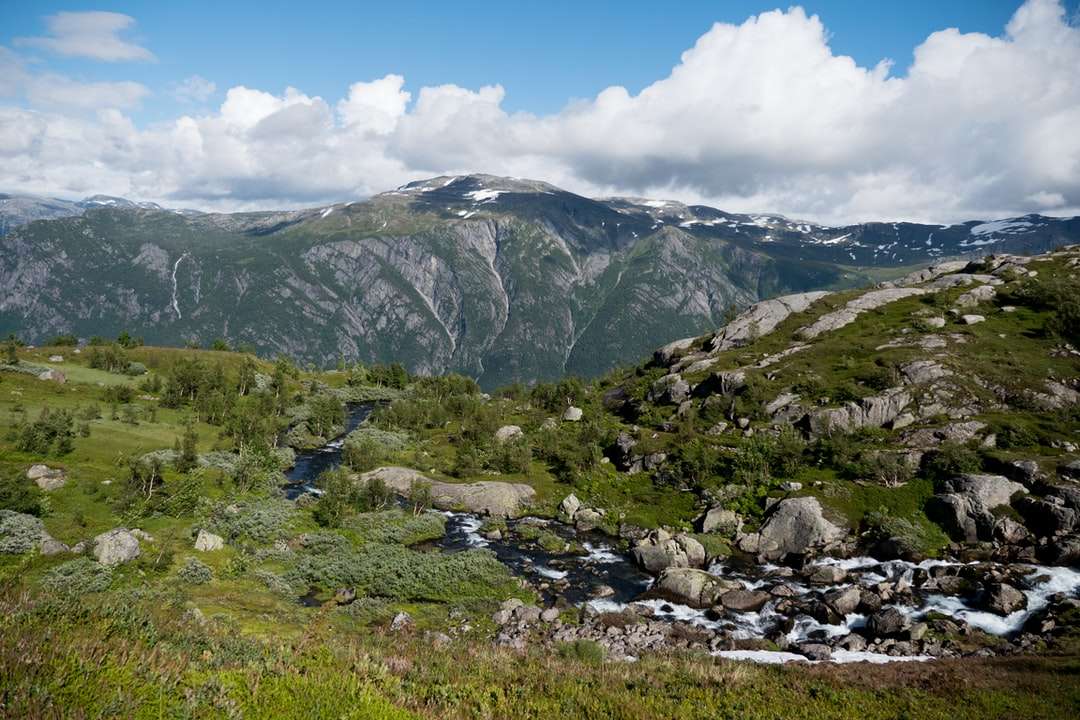 πράσινο γρασίδι πεδίο κοντά στο βουνό κάτω από άσπρα σύννεφα παζλ online