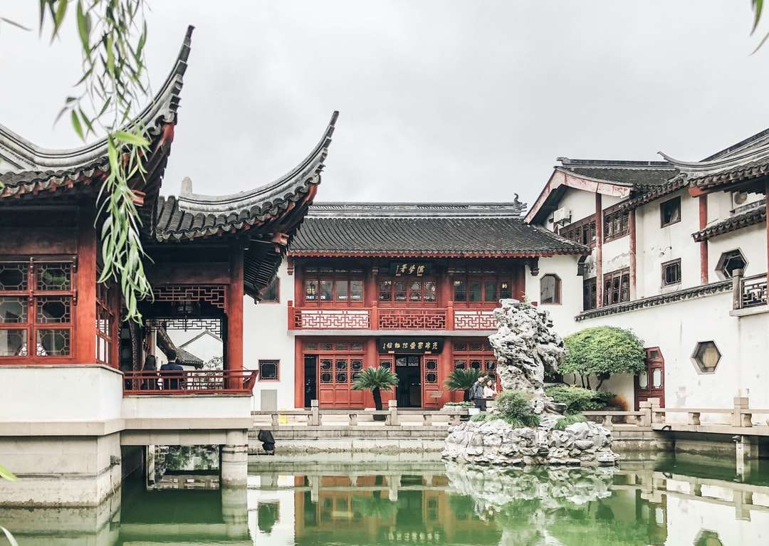 червено-бял храм близо до водоема през деня онлайн пъзел