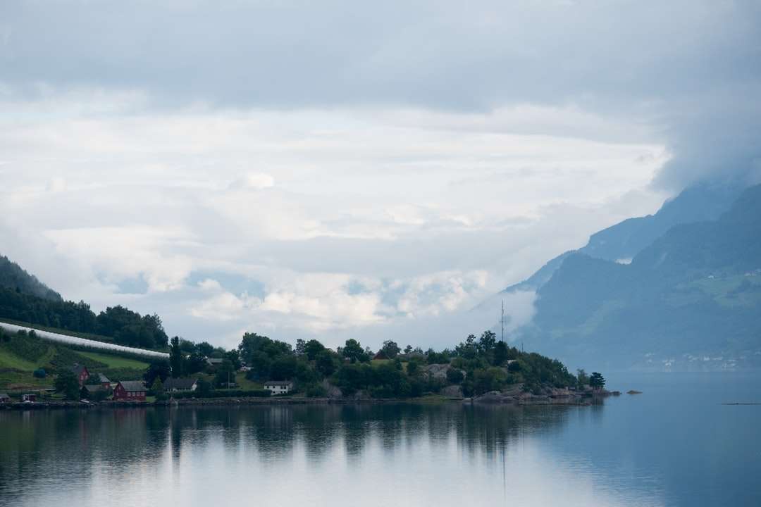 зелени дървета близо до езерото под бели облаци през деня онлайн пъзел