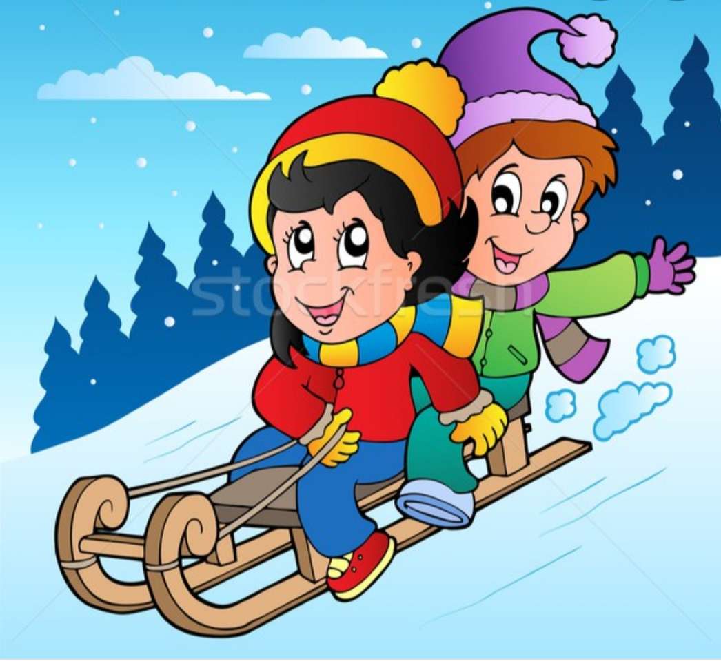 Children with sledge on the sled jigsaw puzzle online