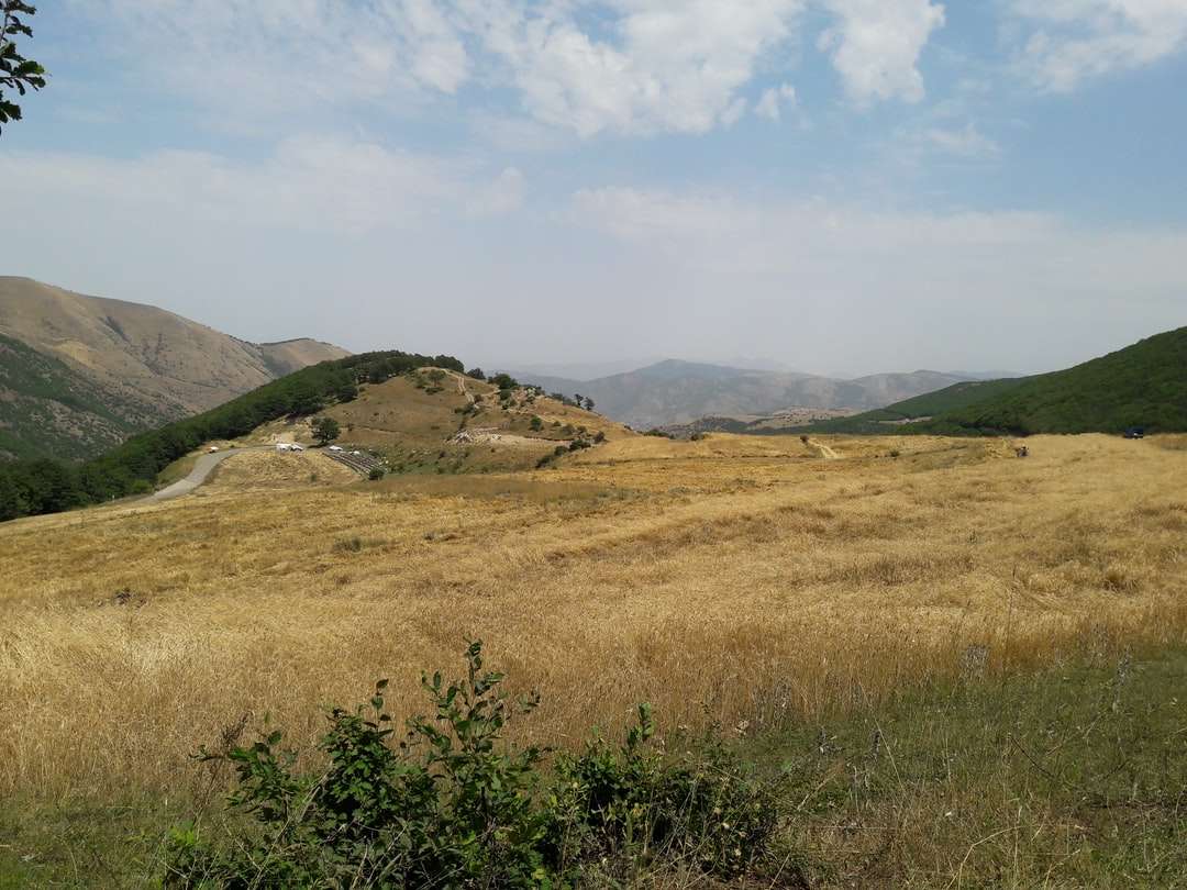 поле зеленой травы возле горы под белыми облаками пазл онлайн