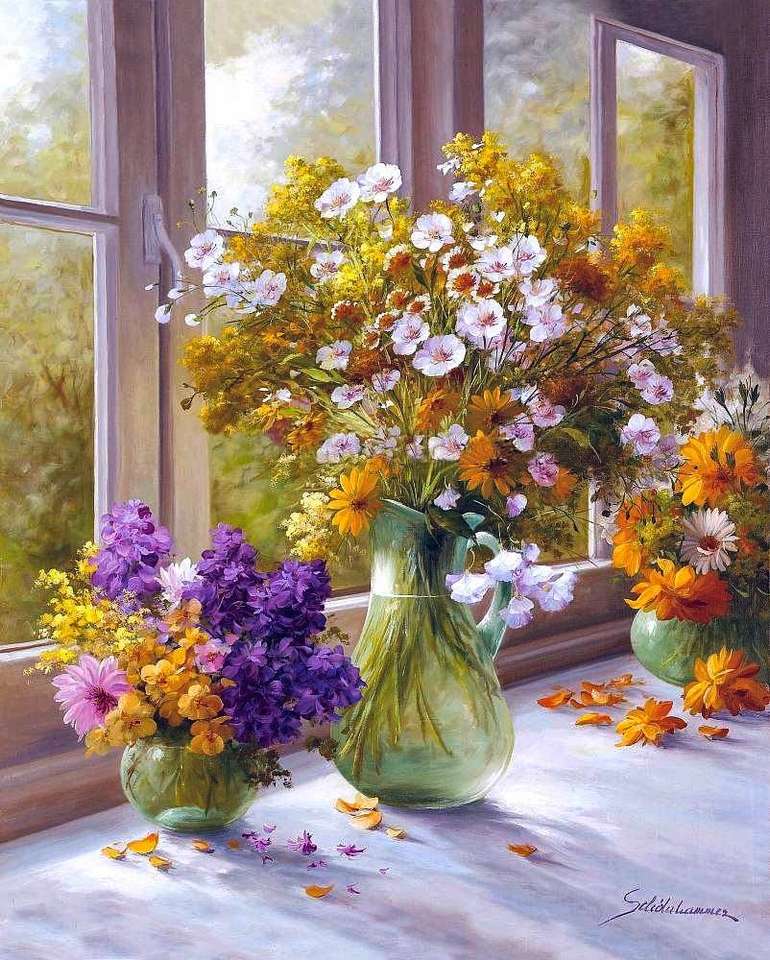 Ζωγραφική βάζων λουλουδιών στο παράθυρο online παζλ