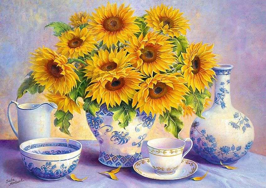 Vaas met zonnebloemen schilderen online puzzel
