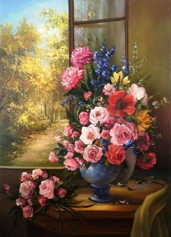 Malba vázy s květinami před oknem skládačky online