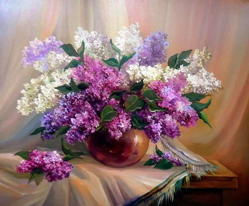 Florero de pintura con lila rompecabezas en línea