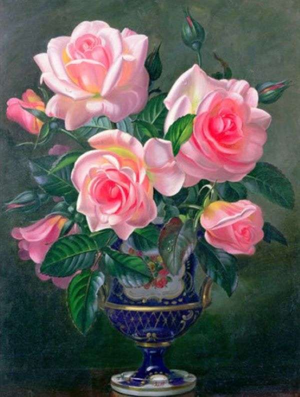 Ζωγραφική βάζο λουλουδιών με τριαντάφυλλα online παζλ