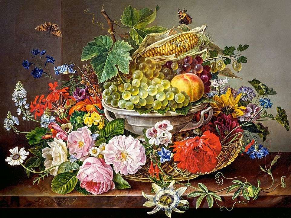 Vopsirea florilor într-un vas de coș cu porumb cu fructe jigsaw puzzle online