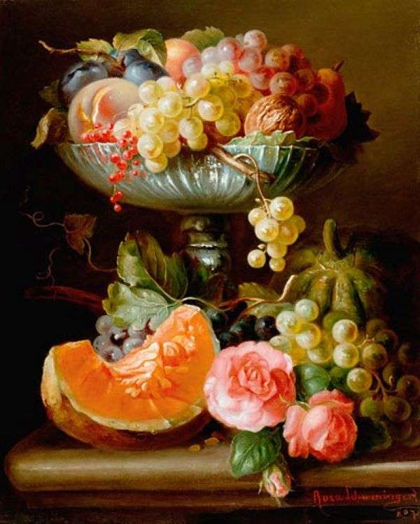 Ciotola di pittura con fiori di zucca di frutta puzzle online
