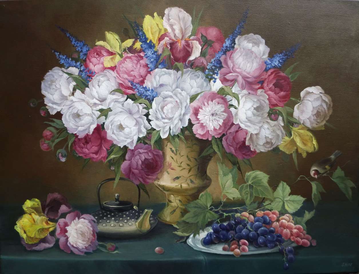 Gemälde Stilleben Blumen und Trauben Online-Puzzle