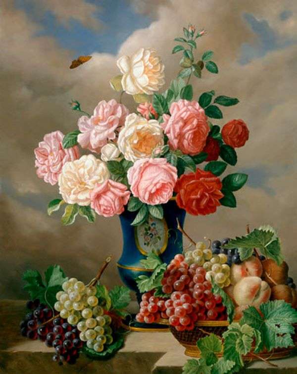Ζωγραφική νεκρών λουλουδιών και φρούτων παζλ online