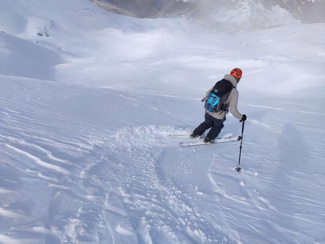 чоловік у синій куртці та чорних штанах катається на лижах пазл онлайн