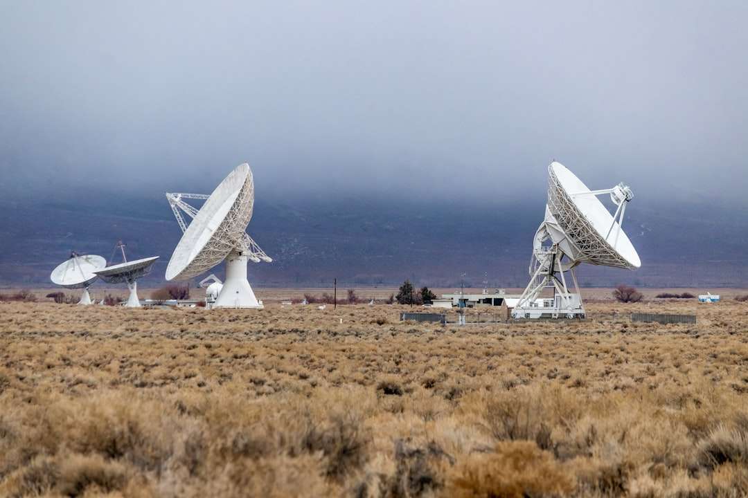 Antena parabólica blanca en campo marrón bajo un cielo azul rompecabezas en línea