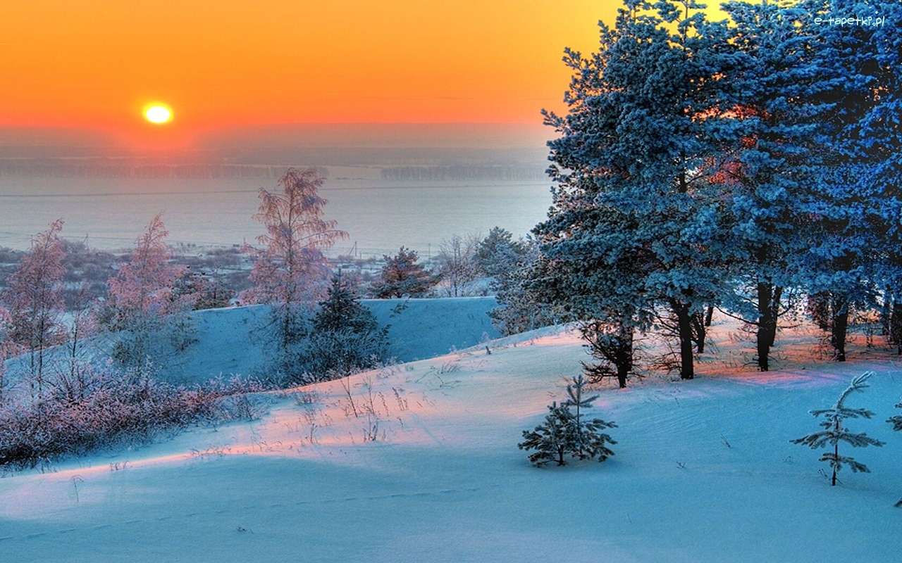 inverno, pôr do sol puzzle online