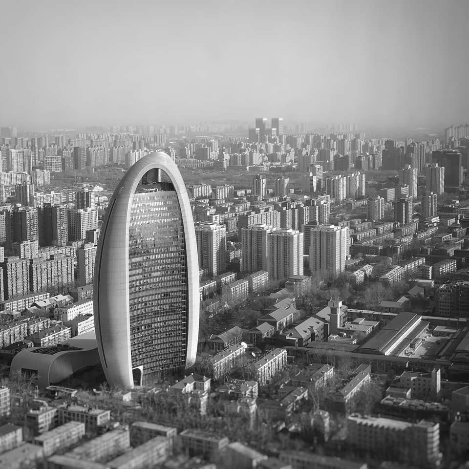 gråskalefoto av stadsbyggnader Pussel online